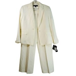 Kasper Petite Cream Linen Blend Pant Suit Set Blazer Wide Leg Trousers 16P Flaw